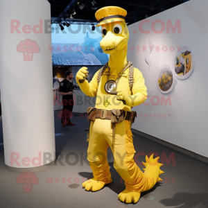 Yellow Seahorse mascot costume character dressed with a Cargo Pants and Rings