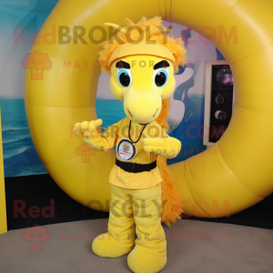 Yellow Seahorse mascot costume character dressed with a Cargo Pants and Rings
