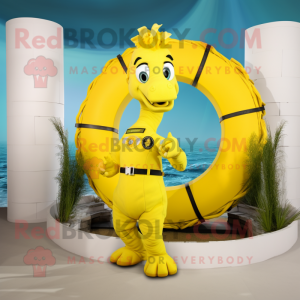 Yellow Seahorse mascot costume character dressed with a Cargo Pants and Rings