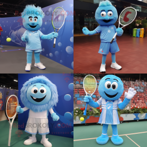 Sky Blue Tennis Racket mascot costume character dressed with a Jumpsuit and Hairpins