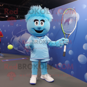 Sky Blue Tennis Racket mascot costume character dressed with a Jumpsuit and Hairpins