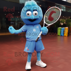 Sky Blue Tennis Racket mascot costume character dressed with a Jumpsuit and Hairpins