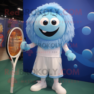 Sky Blue Tennis Racket mascot costume character dressed with a Jumpsuit and Hairpins