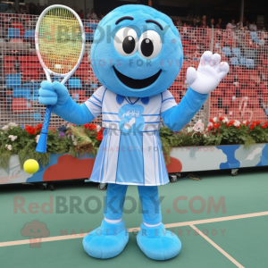 Sky Blue Tennis Racket mascot costume character dressed with a Jumpsuit and Hairpins