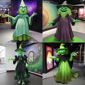 Green Witch mascot costume character dressed with a A-Line Skirt and Clutch bags