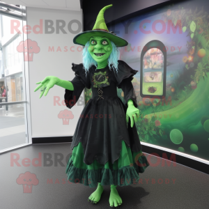 Green Witch mascot costume character dressed with a A-Line Skirt and Clutch bags