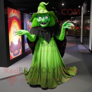Green Witch mascot costume character dressed with a A-Line Skirt and Clutch bags