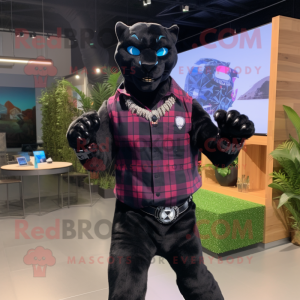 Black Panther mascot costume character dressed with a Flannel Shirt and Smartwatches