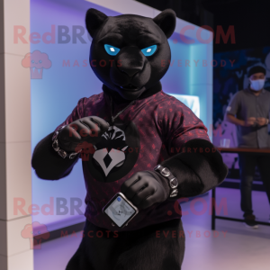 Black Panther mascot costume character dressed with a Flannel Shirt and Smartwatches