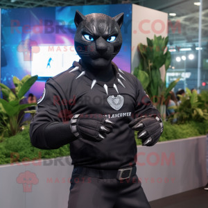 Black Panther mascot costume character dressed with a Flannel Shirt and Smartwatches