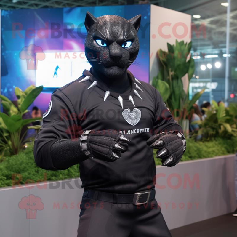 Black Panther mascot costume character dressed with a Flannel Shirt and Smartwatches