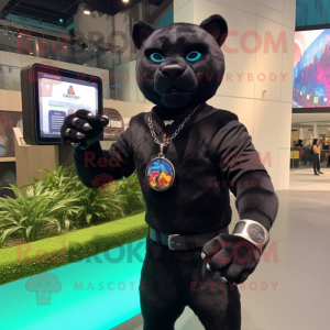 Black Panther mascot costume character dressed with a Flannel Shirt and Smartwatches