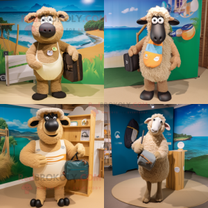 Tan Suffolk Sheep mascot costume character dressed with a Swimwear and Clutch bags