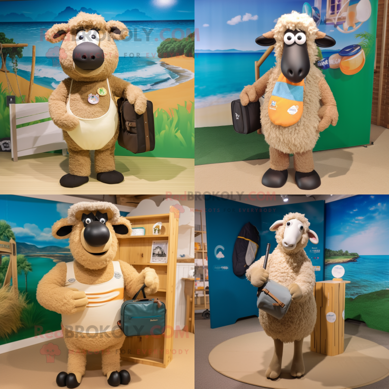 Tan Suffolk Sheep mascot costume character dressed with a Swimwear and Clutch bags