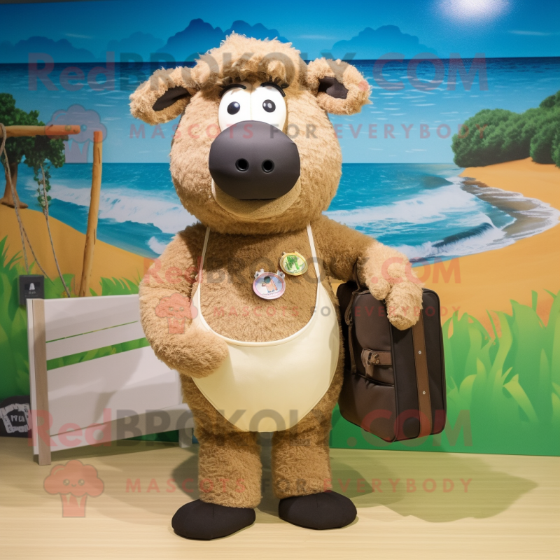 Tan Suffolk Sheep mascot costume character dressed with a Swimwear and Clutch bags Tan Suffolk Sheep mascot costume character dressed with a Swimwear and Clutch bags