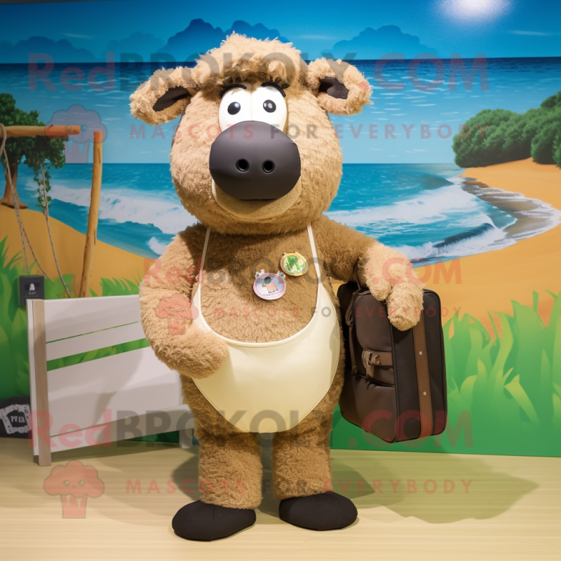 Tan Suffolk Sheep mascot costume character dressed with a Swimwear and Clutch bags