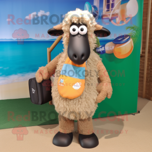 Tan Suffolk Sheep mascot costume character dressed with a Swimwear and Clutch bags