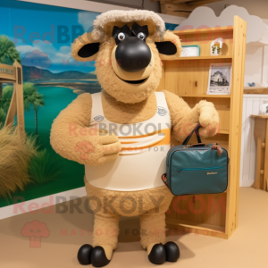 Tan Suffolk Sheep mascot costume character dressed with a Swimwear and Clutch bags