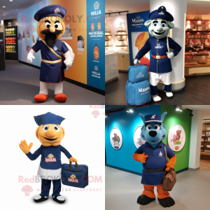 Navy Tikka Masala mascot costume character dressed with a Polo Tee and Messenger bags