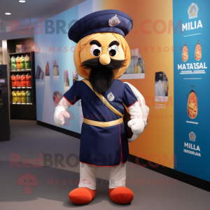 Navy Tikka Masala mascot costume character dressed with a Polo Tee and Messenger bags