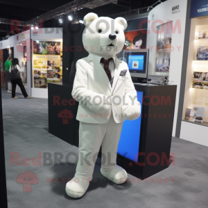 White Bear mascot costume character dressed with a Cardigan and Pocket squares