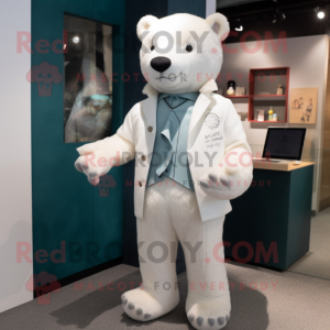 White Bear mascot costume character dressed with a Cardigan and Pocket squares