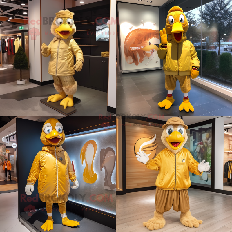 Gold Turkey mascot costume character dressed with a Windbreaker and Shoe laces Gold Turkey mascot costume character dressed with a Windbreaker and Shoe laces