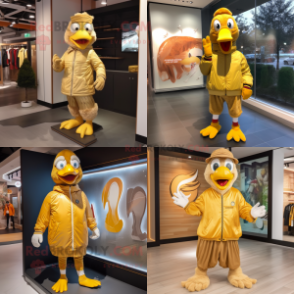 Gold Turkey mascot costume character dressed with a Windbreaker and Shoe laces