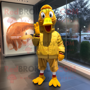 Gold Turkey mascot costume character dressed with a Windbreaker and Shoe laces
