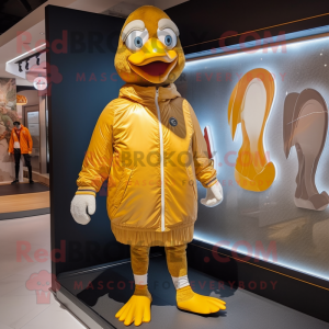 Gold Turkey mascot costume character dressed with a Windbreaker and Shoe laces