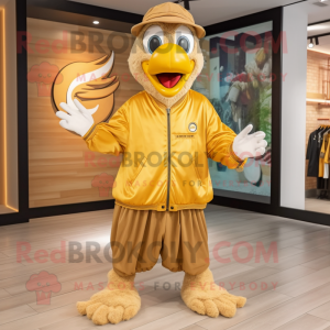 Gold Turkey mascot costume character dressed with a Windbreaker and Shoe laces