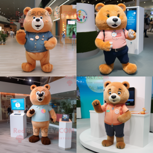 Peach Bear mascot costume character dressed with a Jeans and Smartwatches