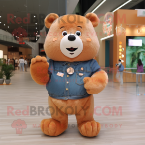 Peach Bear mascot costume character dressed with a Jeans and Smartwatches