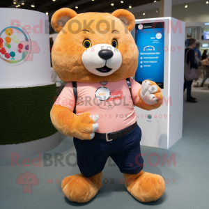 Peach Bear mascot costume character dressed with a Jeans and Smartwatches