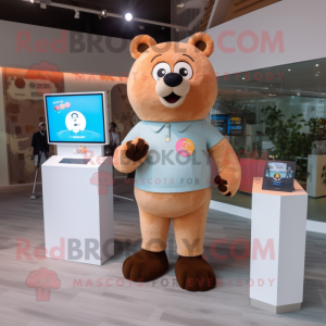 Peach Bear mascot costume character dressed with a Jeans and Smartwatches