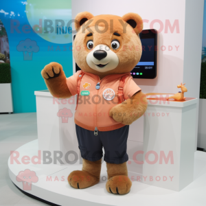 Peach Bear mascot costume character dressed with a Jeans and Smartwatches