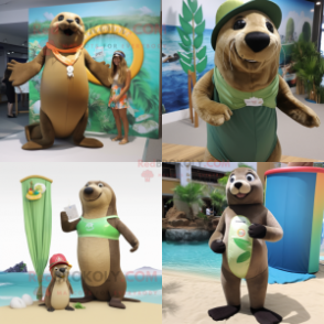 Olive Sea Lion mascot costume character dressed with a Bikini and Cummerbunds