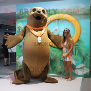Olive Sea Lion mascot costume character dressed with a Bikini and Cummerbunds