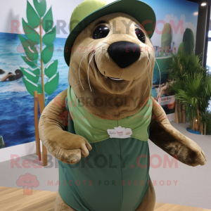 Olive Sea Lion mascot costume character dressed with a Bikini and Cummerbunds