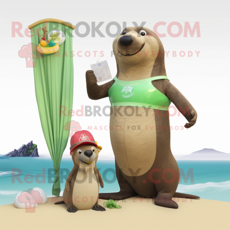 Olive Sea Lion mascot costume character dressed with a Bikini and Cummerbunds Olive Sea Lion mascot costume character dressed with a Bikini and Cummerbunds