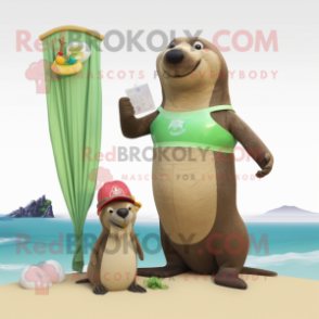 Olive Sea Lion mascot costume character dressed with a Bikini and Cummerbunds