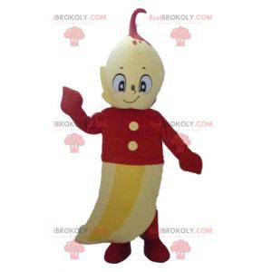Mascote gigante banana amarela com uma roupa vermelha -