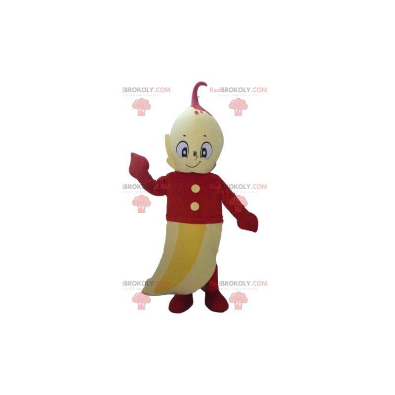 Mascota de plátano amarillo gigante con un traje rojo -