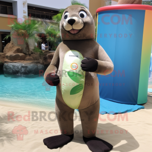 Olive Sea Lion mascot costume character dressed with a Bikini and Cummerbunds