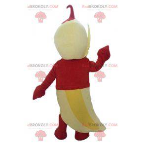 Mascotte de banane jaune géante avec une tenue rouge -