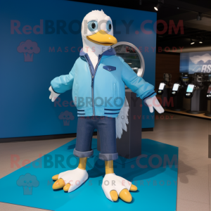 Cyan Gull mascot costume character dressed with a Moto Jacket and Shoe laces