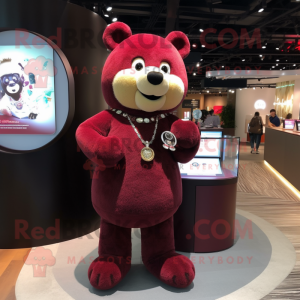 Maroon Bear mascot costume character dressed with a Skirt and Bracelet watches