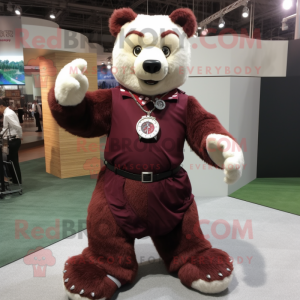 Maroon Bear mascot costume character dressed with a Skirt and Bracelet watches