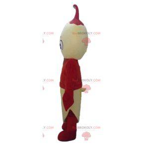 Riesiges gelbes Bananenmaskottchen mit rotem Outfit -