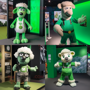 Green Sheep mascot costume character dressed with a Graphic Tee and Suspenders